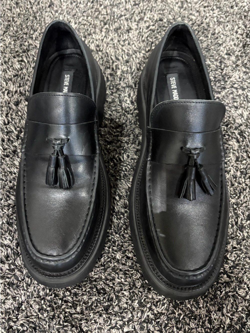 Steve Madden Black Leather Tassel Slip-On Loafers